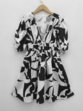 kkboxly  Geometric Print Ruched Dress, Casual Plunging Puff Sleeve Dress For Spring & Summer, Women's Clothing