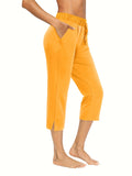kkboxly  Minimalist Split Hem Cropped Pants, Casual Solid Drawstring Elastic Waist Simple Pants, Women's Clothing