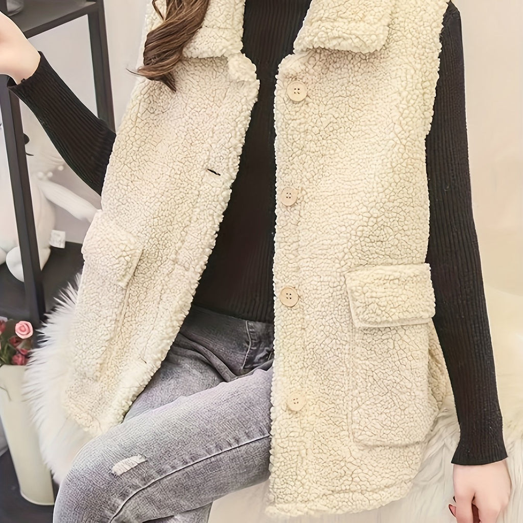 Solid Flap Pockets Plush Vest, Casual Thermal Sleeveless Jacket For Fall & Winter, Women's Clothing