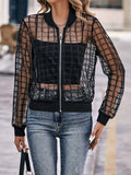 kkboxly  Sheer Bomber Jacket, Casual Zip Up Long Sleeve Solid Outerwear, Women's Clothing
