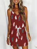 Kkboxly   Feather Print Cami Dress, Drawstring Waist Random Print Casual Dress For Summer & Spring, Women's Clothing