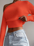 kkboxly  Ribbed Asymmetrical Neck Knit Crop Sweater, Sexy Cold Shoulder Long Sleeve Pullover Sweater, Women's Clothing