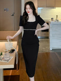 kkboxly  Contrast Trim Square Neck Dress, Casual Short Sleeve Split Beaded Dress For Spring & Summer, Women's Clothing