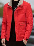 kkboxly  Fashionable Men's Stand Collar Zipper Snap Button Solid Fleece Winter Jacket,Suitable For Winter,Street Outdoor,Comfortable,Warm And Versatile