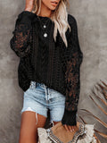 kkboxly  Contrast Lace Eyelet Knit Sweater, Casual Crew Neck Long Sleeve Sweater, Women's Clothing