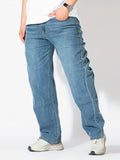 Plus Size Men's Mid Rise Light Indigo Straight Leg Stretch Comfortable Fit Jeans, Casual Trendy Oversized Long Pants