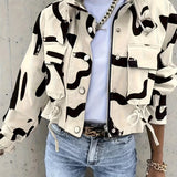 kkboxly  Brush Print Flap Pockets Jacket, Casual Drawstring Zipper Crop Jacket For Spring & Fall, Women's Clothing