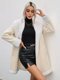 kkboxly  Color Block Belted Lapel Outwear, Versatile Long Sleeve Warm Coat For Fall & Winter, Women's Clothing