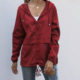 Drawstring Solid Hooded Jacket, Casual Long Sleeve Versatile Outerwear, Women's Clothing