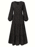 kkboxly  Tiered Floral Print Dress, Boho Lantern Sleeve V Neck Maxi Dress, Women's Clothing