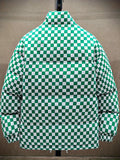 kkboxly  Men's Stylish Checkered Puffer Coat With Pockets, Casual Breathable Stand Collar Zip Up Long Sleeve Warm Top For City Walk Street Hanging Winter Outdoor Activities