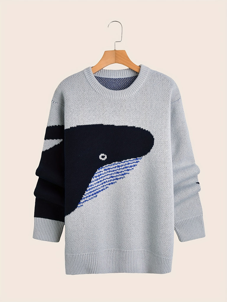 kkboxly  Cartoon Whale Print, Loose Fit Warm Sweater, Men's Casual Retro Style Slightly Stretch Crew Neck Pullover Sweater For Fall Winter