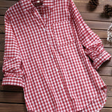 kkboxly  Plus Size Casual Blouse, Women's Plus Gingham Print Turn Down Collar Long Sleeve Shirt