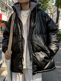 kkboxly  Men's Fake Two-piece Padded Hooded PU Jacket, Loose Fashionable Warm Outdoor Hooded Cotton Coat In Winter