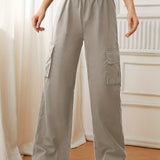 kkboxly  Flap Pockets Straight Leg Cargo Pants, Casual High Waist Pants, Women's Clothing