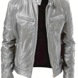 kkboxly  Zipper Pockets PU Jacket, Men's Casual Solid Color Zip Up Stand Collar Faux Leather Jacket For Spring Fall