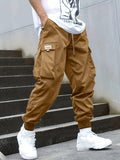 kkboxly  Plus Size Men's Drawstring Cargo Pants: Letters Print, Multi-Pocket Design, Perfect For Outdoor Activities