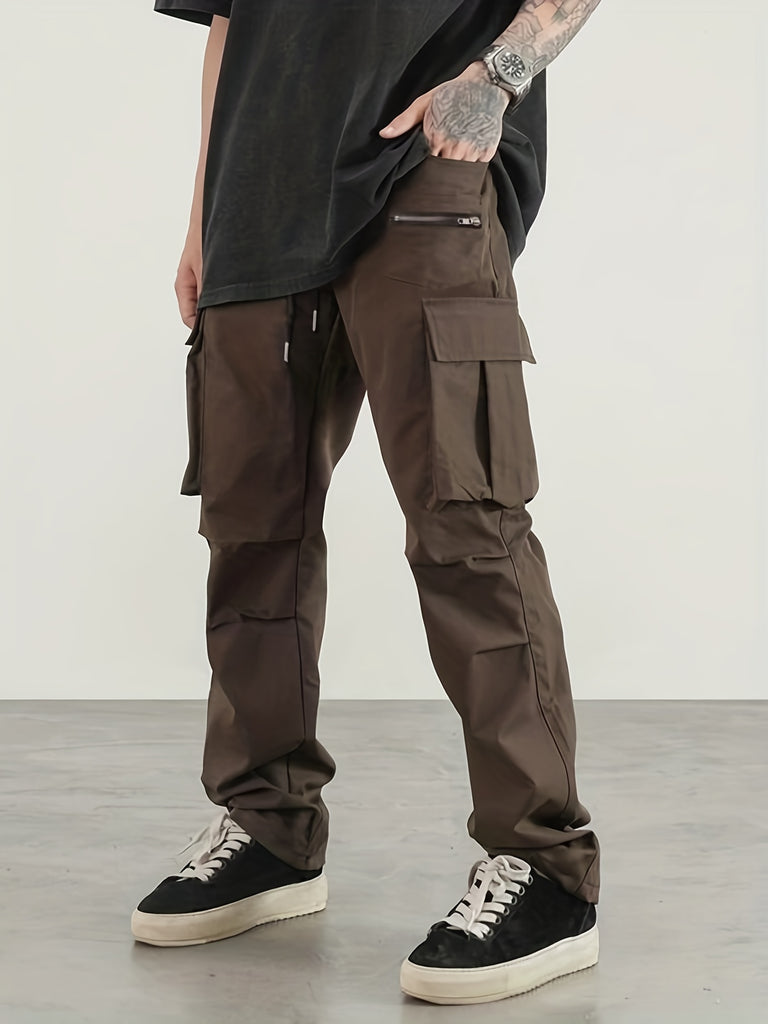 kkboxly  Men's Casual Cargo Pants, Regular Multi Pocket Waist Drawstring Work Pants For Outdoor Activities