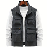 kkboxly  Multi Zipper Pockets Vest, Men's Casual Stand Collar Zip Up Vest For Spring Summer Outdoor Fishing Hiking