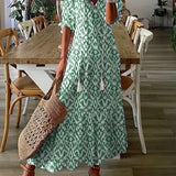 Kkboxly  Ikat Print Drawstring Dress, Boho Ruffle Trim V Neck Half Sleeve Summer Dress, Women's Clothing