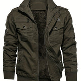 kkboxly  Warm Plush Fleece Cotton Jacket, Men's Casual Zipper Pockets Stand Collar Jacket Coat For Fall Winter