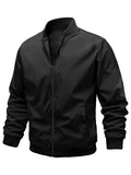kkboxly  Classic Design Stylish Bomber Jacket, Men's Casual Solid Color Letterman Collar Zip Up Jacket For Spring Fall Outdoor