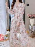 kkboxly  Floral Print Bow Tie Long Sleeve Ruffled Dress, Elegant Tunic High Waist Maxi Dress, Women's Clothing