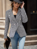 kkboxly  Houndstooth Print Lapel Blazer, Elegant Double Breasted Long Sleeve Outerwear, Women's Clothing