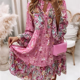 kkboxly Women's Floral Print Boho Holiday Dress with Ruffle Hem and V-neck - Perfect for Any Occasion!