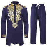 kkboxly  Men's African 2 Piece Set Long Sleeve Gold Print Dashiki And Pants Outfit Traditional Suit