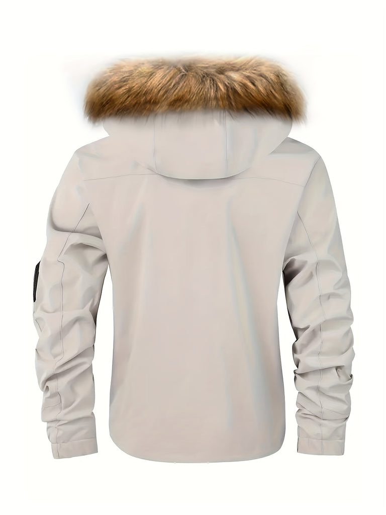 kkboxly  Plus Size Men's Badge Print Hooded Jacket Windbreaker Cargo Jacket For Fall Winter, Men's Clothing