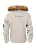 kkboxly  Plus Size Men's Badge Print Hooded Jacket Windbreaker Cargo Jacket For Fall Winter, Men's Clothing