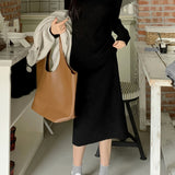kkboxly  Solid Long Sleeve Knit Dress, Chic Notch Neck Midi Length Dress, Women's Clothing