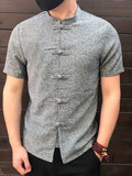 kkboxly  Plus Size Men's Chinese Style Men Shirt Stand Collar Short Sleeve Button Casual Loose Tops Solid Color Vintage Tang Suit Shirts