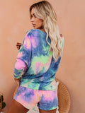 kkboxly Colorful Tie Dye Print Two-piece Set, Crew Neck Long Sleeve Top & Pocket Shorts Outfits, Women's Clothing