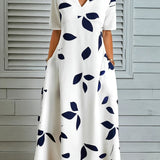 kkboxly  Floral V Neck Short Sleeve Dress, Pocket Ruffled Maxi Casual Dress, Women's Clothing