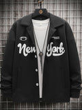 kkboxly  Men's Casual "New York" Print Varsity Jacket, Chic Button Up Lapel Lightweight Thin Jacket