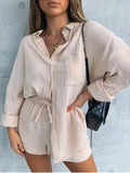kkboxly  Casual Solid Two-piece Shorts Set, Button Front Shirt & Drawstring Shorts Outfits, Women's Clothing