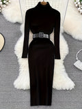 kkboxly  Rib Knit Sweater Dress, Casual High Neck Long Sleeve Bodycon Dress, Women's Clothing