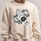 kkboxly  Cartoon Praying Hands With Money Print Sweatshirt, Men's Casual Graphic Design Slightly Stretch Crew Neck Pullover Sweatshirt For Autumn Winter