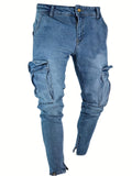 kkboxly  Slim Fit Flap Pocket Cargo Jeans, Men's Casual Solid Color Slightly Stretch Multi Pocket Denim Pants For Spring Summer