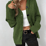 kkboxly  Button Up Drawstring Hooded Cardigan, Causal Solid Long Sleeve Cardigan For Spring & Fall, Women's Clothing