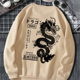 kkboxly  Men's Casual Japanese Characters & Chinese Dragon Print Crew Neck Sweatshirt