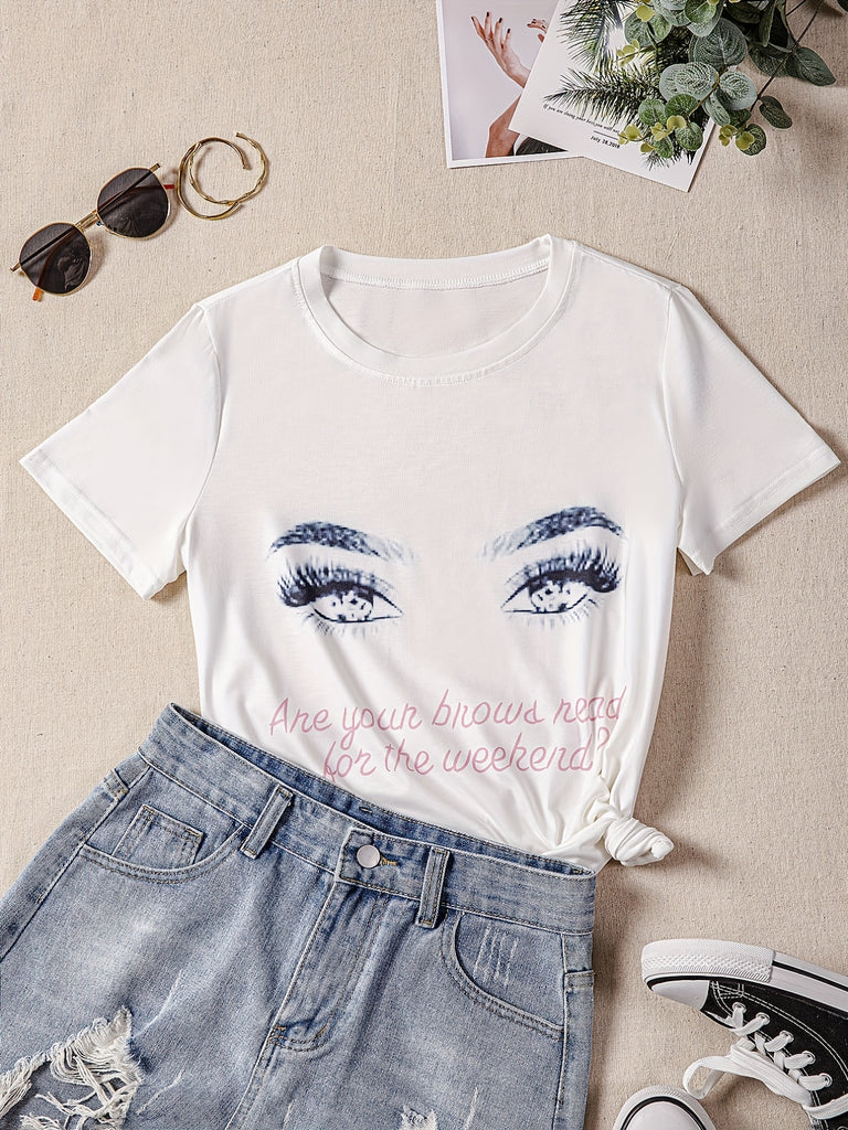 kkboxly  Graphic Print Solid T-Shirt, Crew Neck Short Sleeve Casual Top For Spring & Summer, Women's Clothing