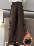 kkboxly  Girls' Thermal Warm Winter Wide-leg Cargo Pants, Casual Street Wear Straight Trousers With Multi-pockets