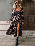 Floral Print Split Thigh Dress, Elegant Squared Neck Long Sleeve Dress, Women's Clothing