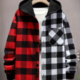 Men's Color Block Hooded Checkered Sweatshirt Casual Long Sleeve Hoodies With Button Gym Sports Hooded Jacket