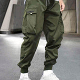 kkboxly Men's Stylish Letter Graphic Cargo Pants with Flap Pockets - Drawstring Waist for Comfort