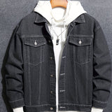 kkboxly  Chic Denim Jacket, Men's Casual Street Style Lapel Contrast Stitching Jacket Coat For Spring Fall