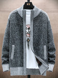 Men's Full Zip Up Casual Stand Collar Cardigan, Regular Fit Knitted Sweater Jacket Coat With Pockets For Winter Fall